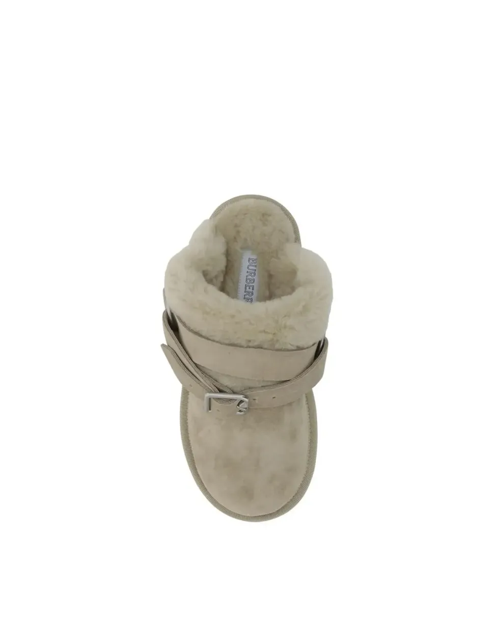 Leather Shearling-Lined Slip-On Mules with Suede Upper and Flat Sole