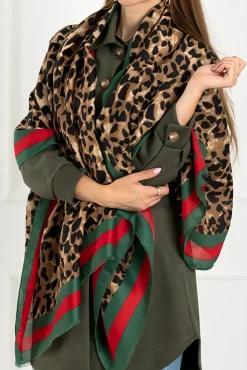Leopard & Strip Print Fringed edges Scarf In Green & Red