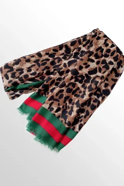 Leopard & Strip Print Fringed edges Scarf In Green & Red