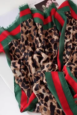 Leopard & Strip Print Fringed edges Scarf In Green & Red