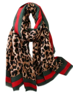 Leopard & Strip Print Fringed edges Scarf In Green & Red