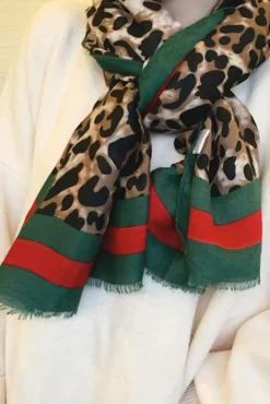 Leopard & Strip Print Fringed edges Scarf In Green & Red