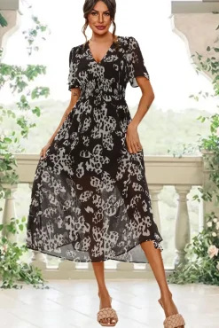 Leopard Floral Print Angel Sleeve Maxi Dress In Black