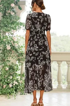Leopard Floral Print Angel Sleeve Maxi Dress In Black