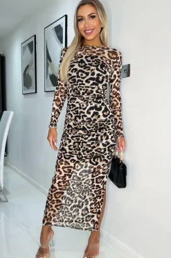 Leopard Mesh Overlay Long Sleeve Bodycon Midi Dress