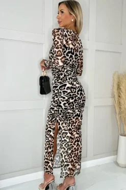 Leopard Mesh Overlay Long Sleeve Bodycon Midi Dress