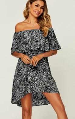 Leopard Print Bardot Frill Off Shoulder Mini Dress In Black