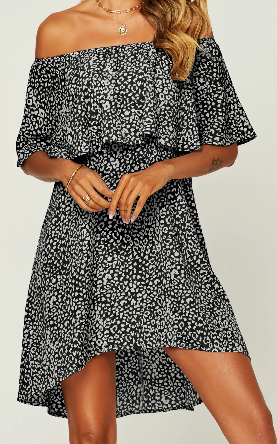 Leopard Print Bardot Frill Off Shoulder Mini Dress In Black