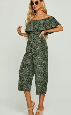 Leopard Print Bardot Ruffles Hem Jumpsuit In Khaki Green
