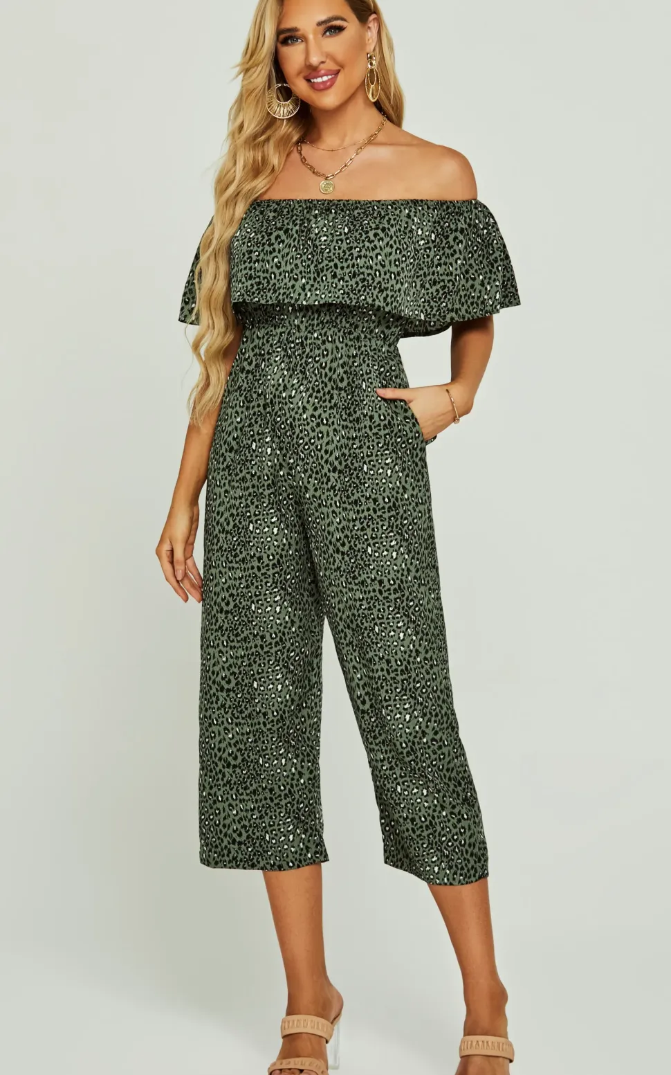 Leopard Print Bardot Ruffles Hem Jumpsuit In Khaki Green