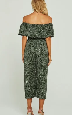 Leopard Print Bardot Ruffles Hem Jumpsuit In Khaki Green
