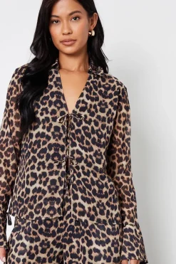 Leopard Print Chiffon Tie Front Blouse