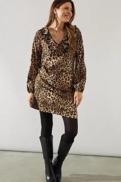 Leopard Print Contrast Frill Shift Dress