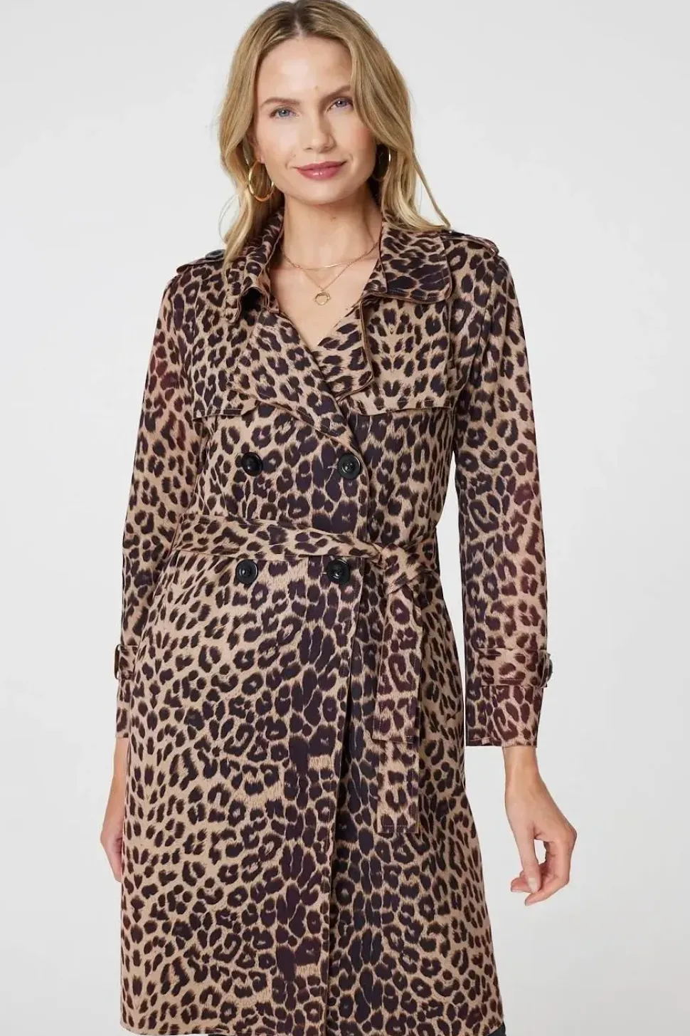 Leopard Print Double Breasted Trench Coat