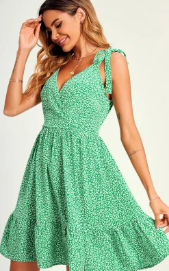 Leopard Print Hem Detail Strap Mini Dress In Green
