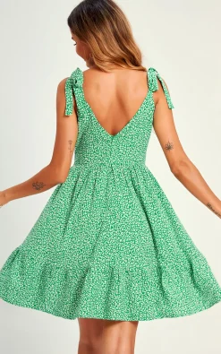 Leopard Print Hem Detail Strap Mini Dress In Green