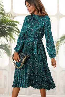 Leopard Print High Neck Long Sleeve Midi Dress In Blue