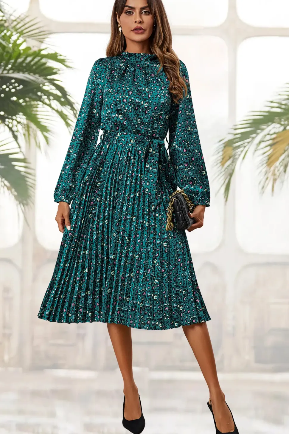 Leopard Print High Neck Long Sleeve Midi Dress In Blue