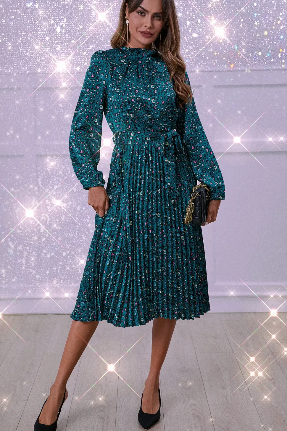 Leopard Print High Neck Long Sleeve Midi Dress In Blue