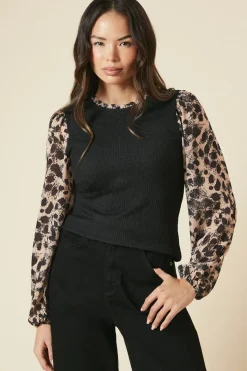Leopard Print 2IN1 Contrast Sleeve Top