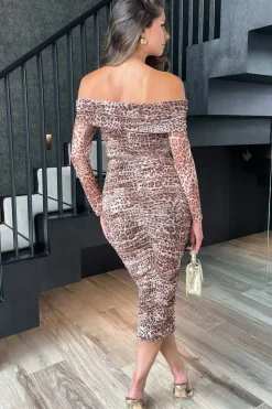 Leopard Print Long Sleeve Bardot Ruched Mesh Midi Dress