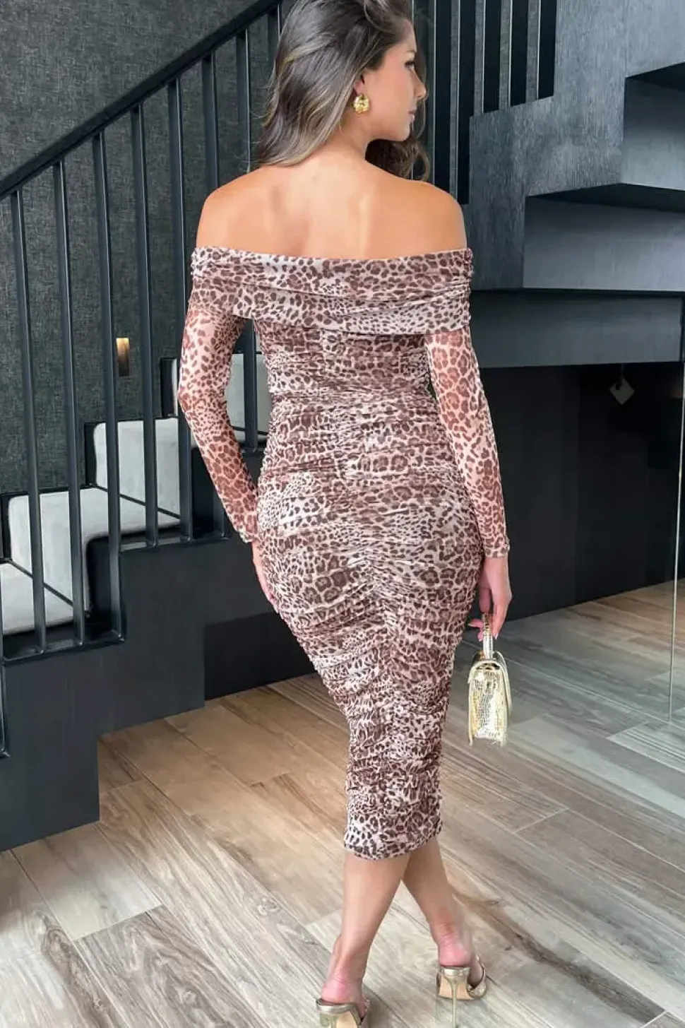Leopard Print Long Sleeve Bardot Ruched Mesh Midi Dress