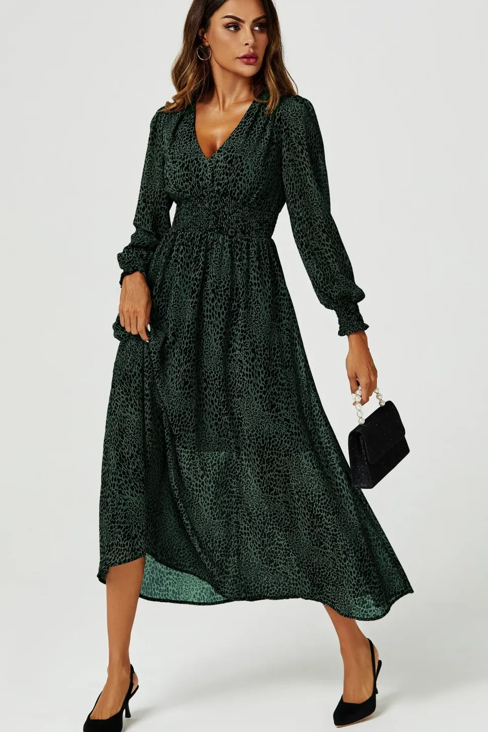 Leopard Print Long Sleeve Maxi Dress In Green
