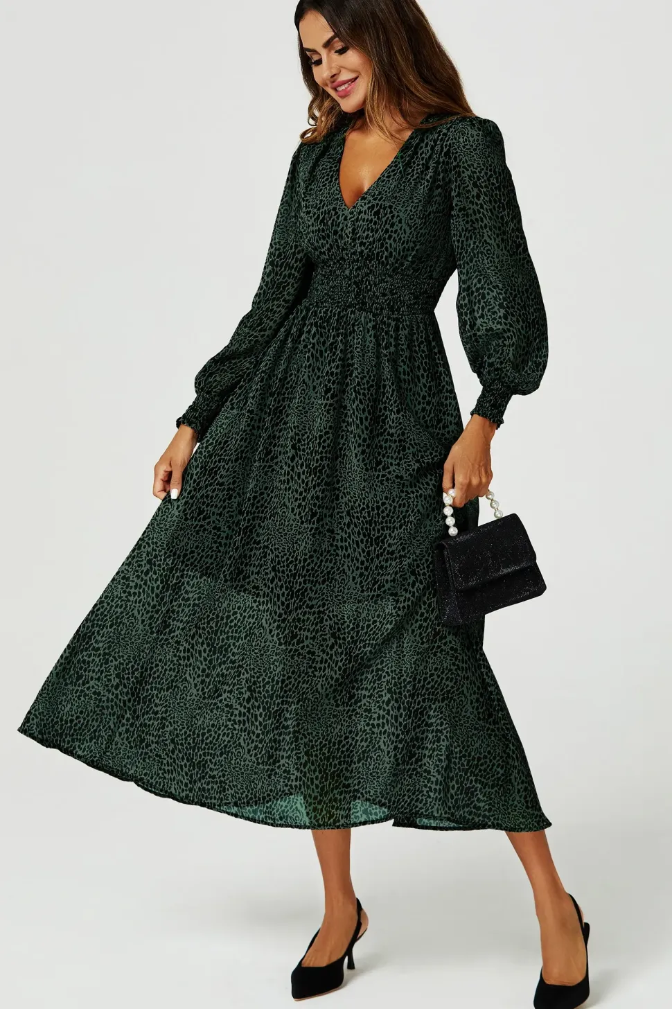 Leopard Print Long Sleeve Maxi Dress In Green