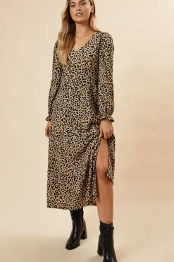 Leopard Print Long Sleeve Midi Dress