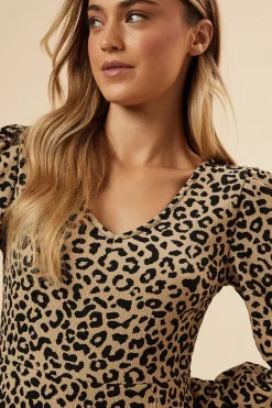 Leopard Print Long Sleeve Midi Dress