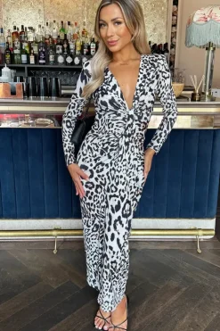 Leopard Print Long Sleeve V Neck Knot Drape Midi Dress
