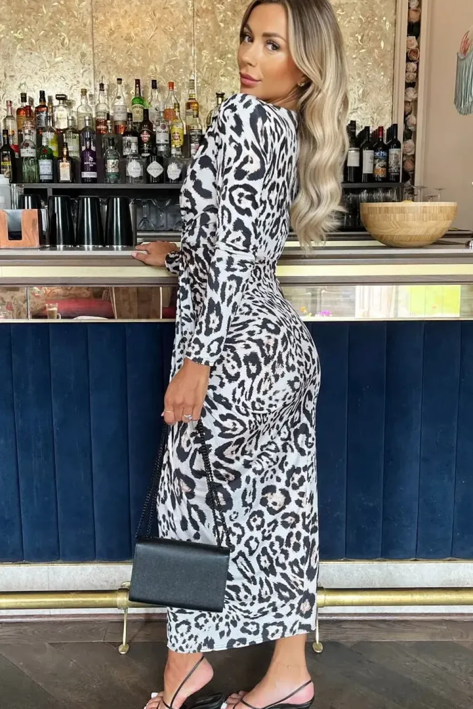 Leopard Print Long Sleeve V Neck Knot Drape Midi Dress