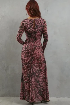 Leopard Print Mesh Fitted Ruched Midi Dress