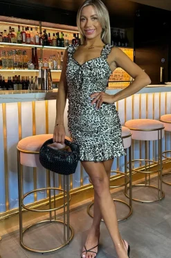 Leopard Print Ruched Frill Straps Mini Dress