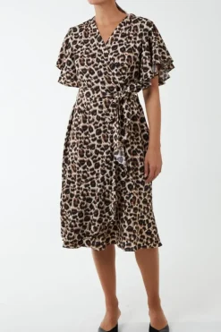 Leopard Print Ruffle Wrap Midi Dress