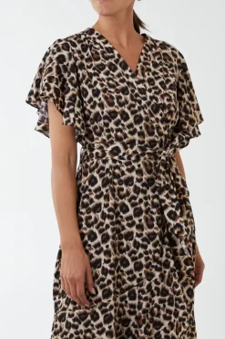 Leopard Print Ruffle Wrap Midi Dress