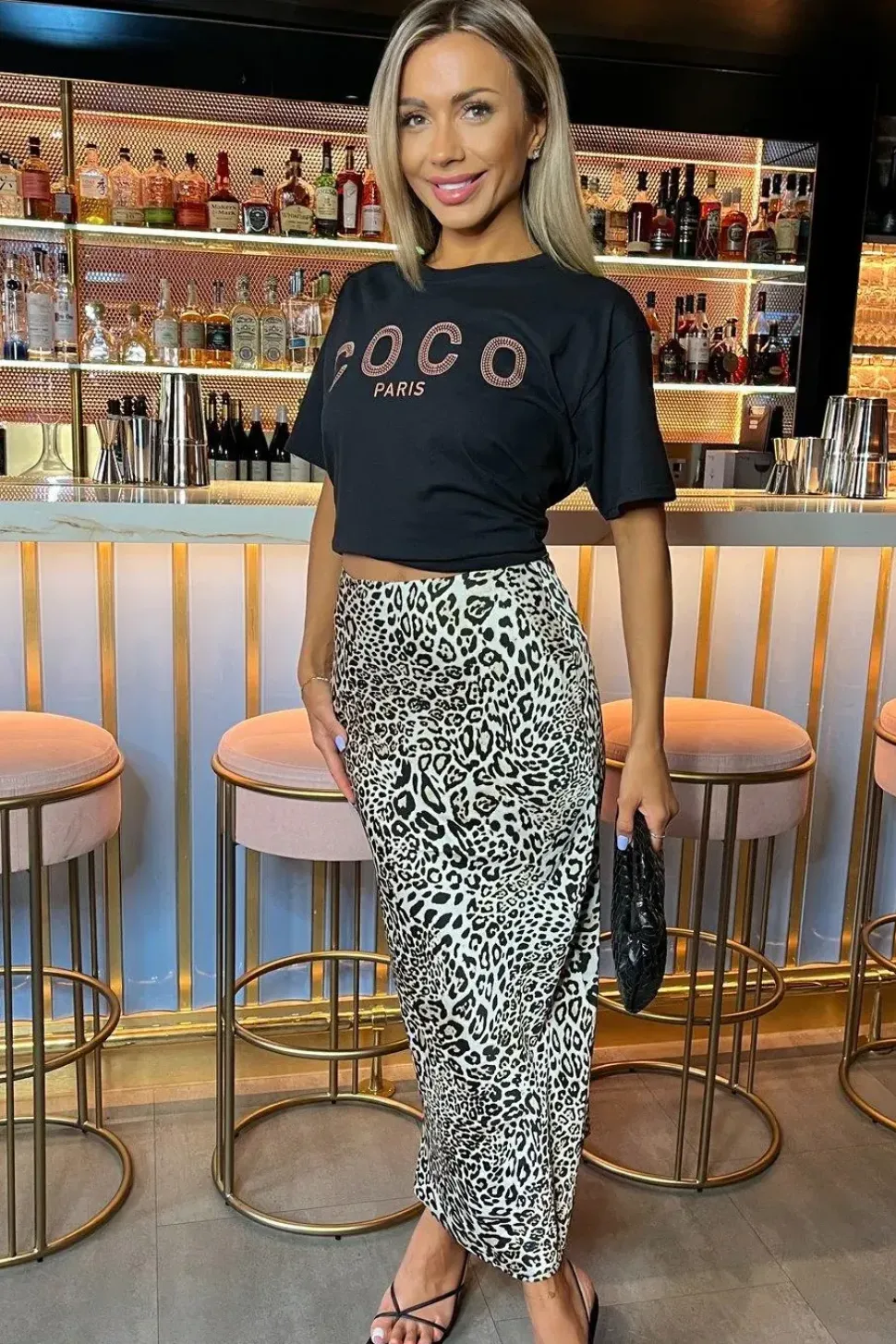 Leopard Print Satin Midi Length Skirt