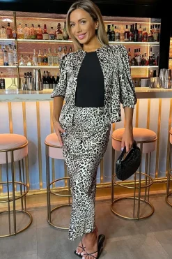 Leopard Print Satin Midi Length Skirt
