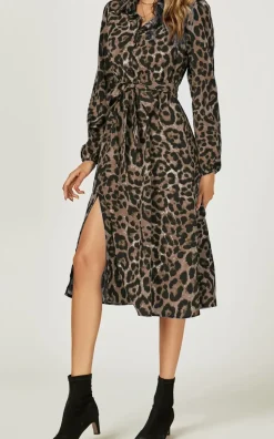 Leopard Print Split Leg Midi Shirt Dress