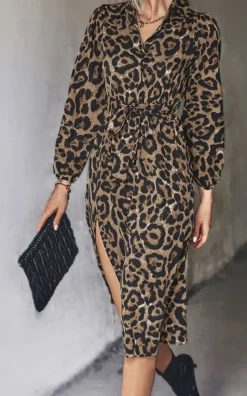 Leopard Print Split Leg Midi Shirt Dress