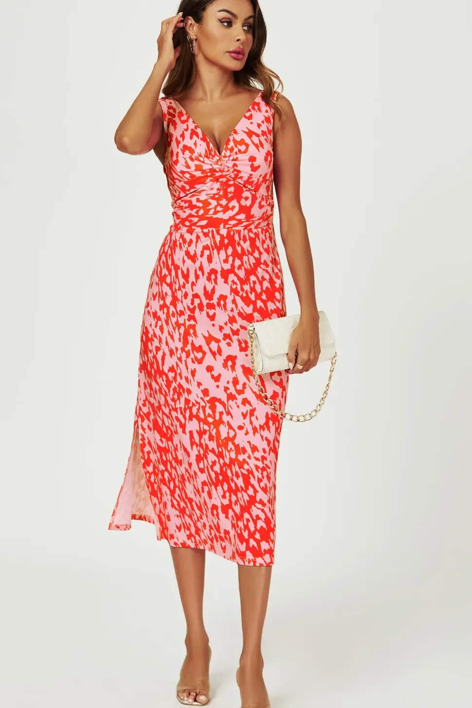 Leopard Print V Neck Knot Front Midi Dress In Pink