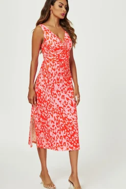Leopard Print V Neck Knot Front Midi Dress In Pink