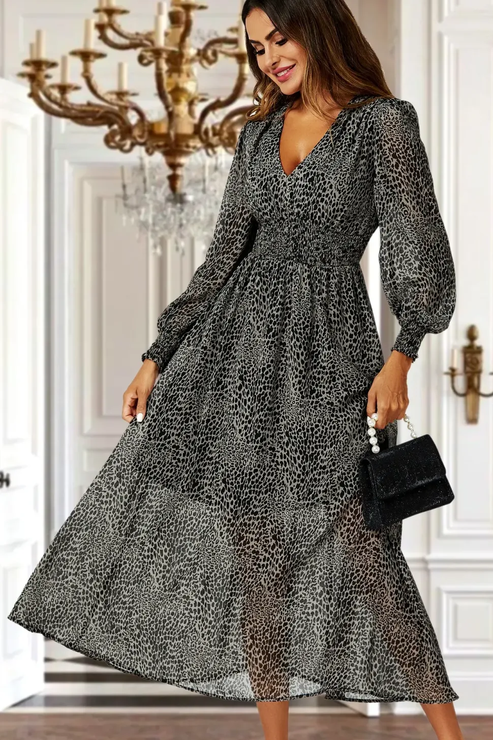 Leopard Print V-Neckline Long Sleeve Maxi Dress In Grey