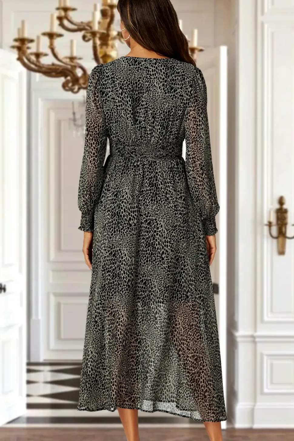 Leopard Print V-Neckline Long Sleeve Maxi Dress In Grey