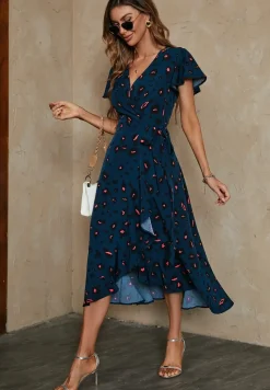 Leopard Print Wrap Hem Midi Dress In Blue