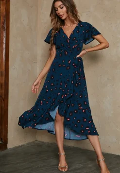 Leopard Print Wrap Hem Midi Dress In Blue