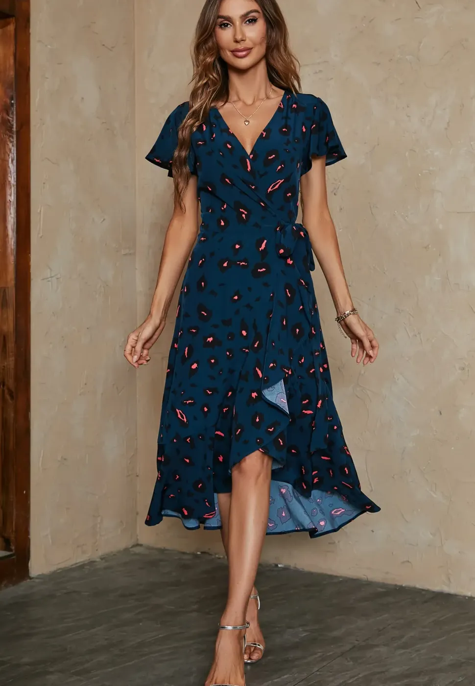 Leopard Print Wrap Hem Midi Dress In Blue