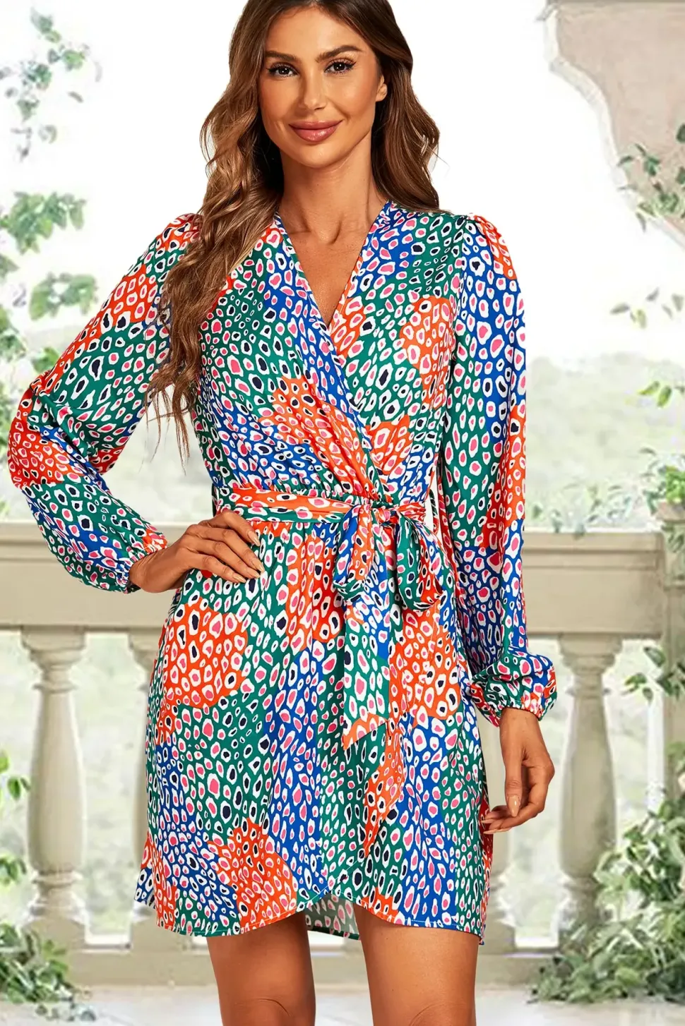 Leopard Print Wrap Mini Dress In Blue