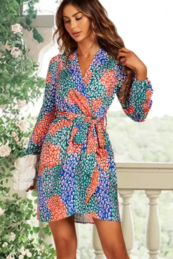 Leopard Print Wrap Mini Dress In Blue