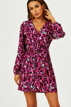 Leopard Print Wrap Top Mini Dress In Magenta